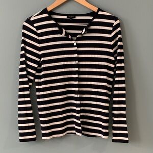 Talbots Black and White Striped Ribbed  Cardigan